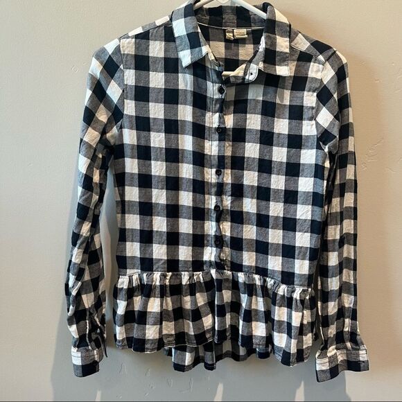 JAPNA Button Down Checkered Top with Ruffle Bottom Size Small - Picture 1 of 5